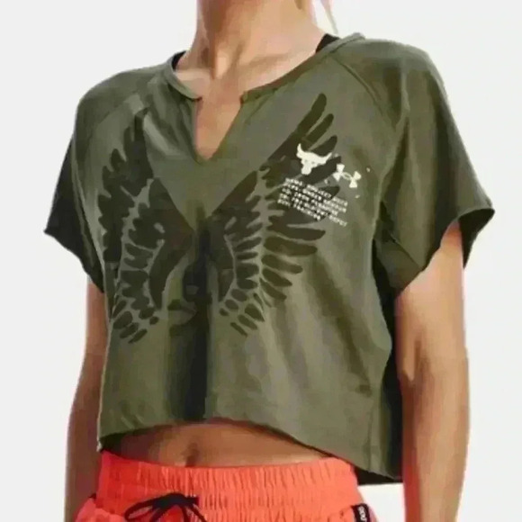 NWT Under Armour Women's Project Rock Wings Army Green Workout Loose Top Size L - Picture 2 of 15